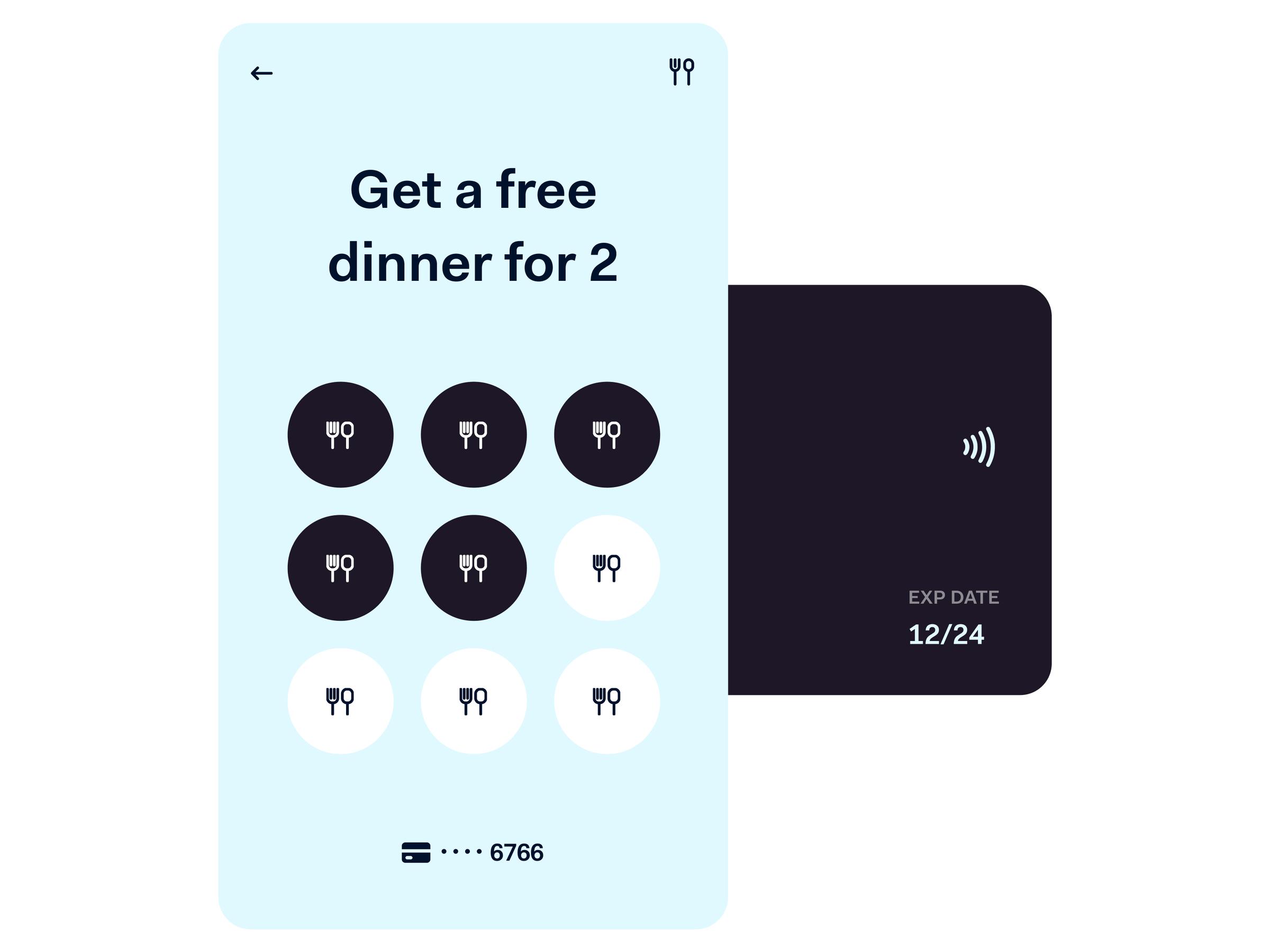 Promoční mobilní obrazovka nabízí zdarma večeři pro 2 osoby s designem věrnostní karty