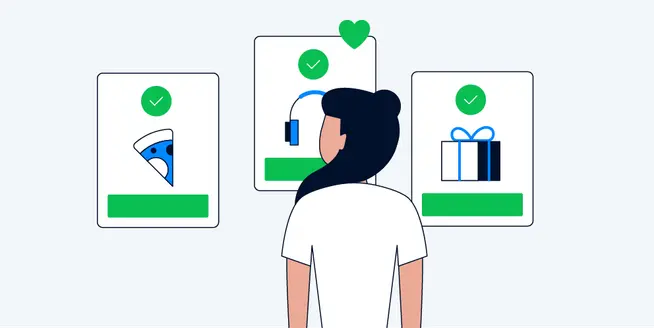 Cartoon person looking at three screens displaying Adyen's product options with checkmarks.
