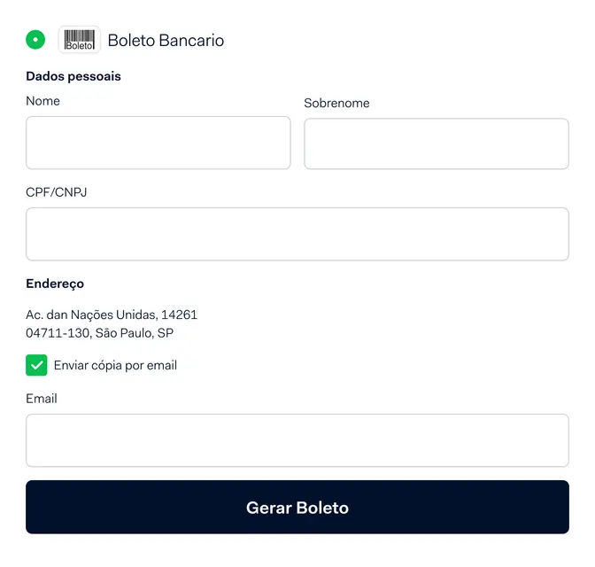 Boleto Bancario payment form interface with fields for personal data and address.