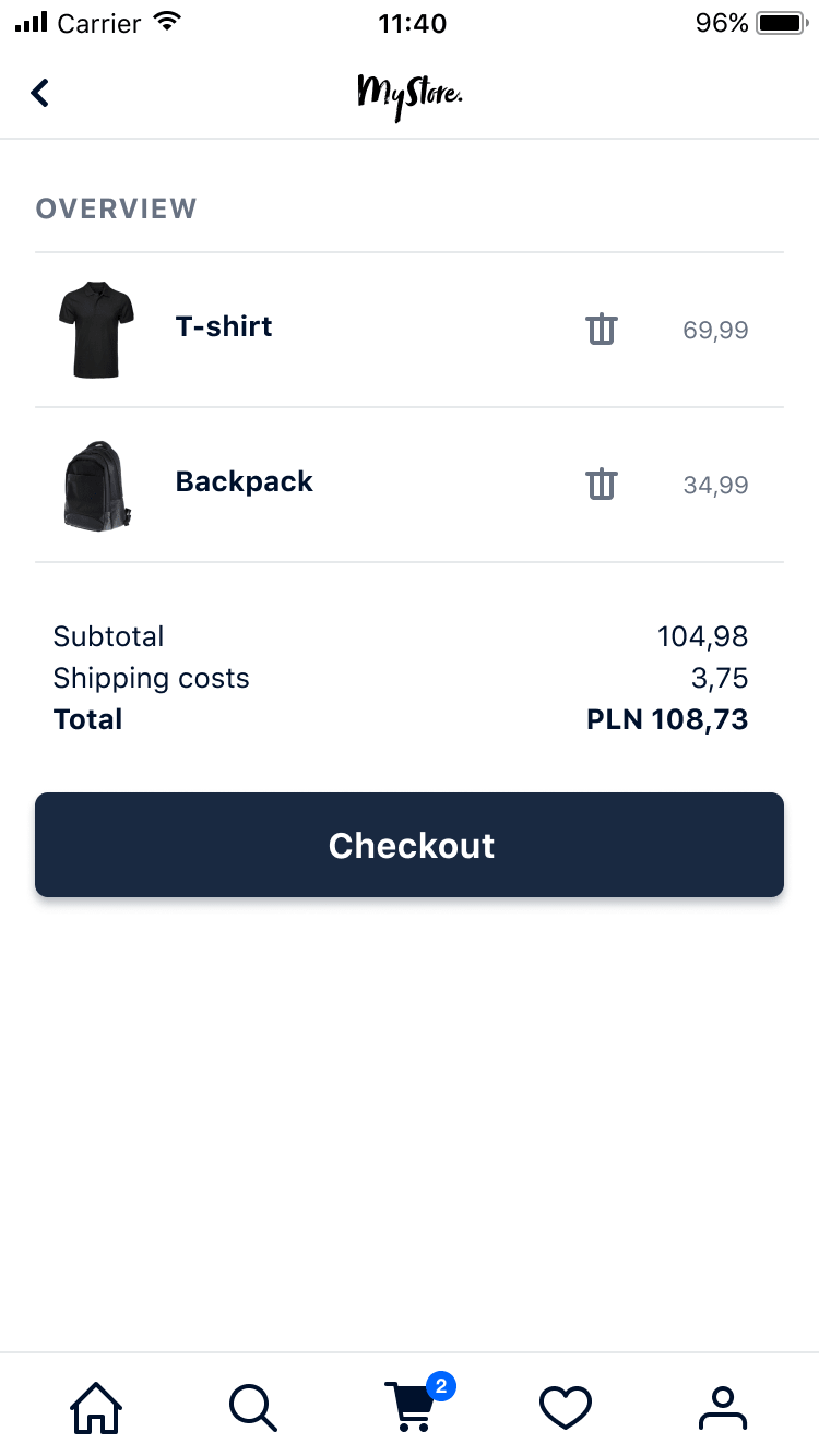Mobile shopping cart screen showing a T-shirt and a backpack with prices in PLN and a checkout button.
