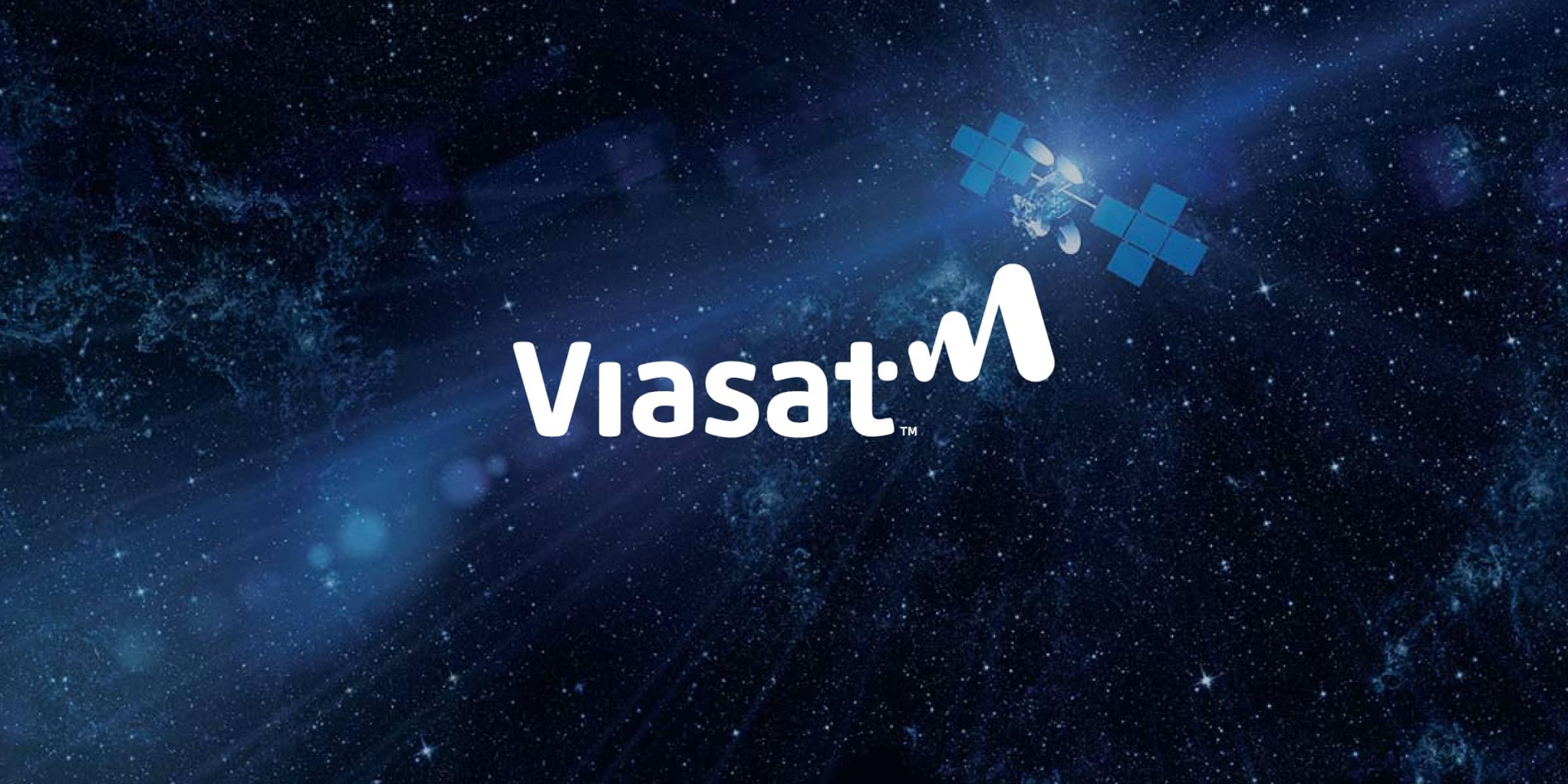Viasat logo with a depiction of a satellite in space.