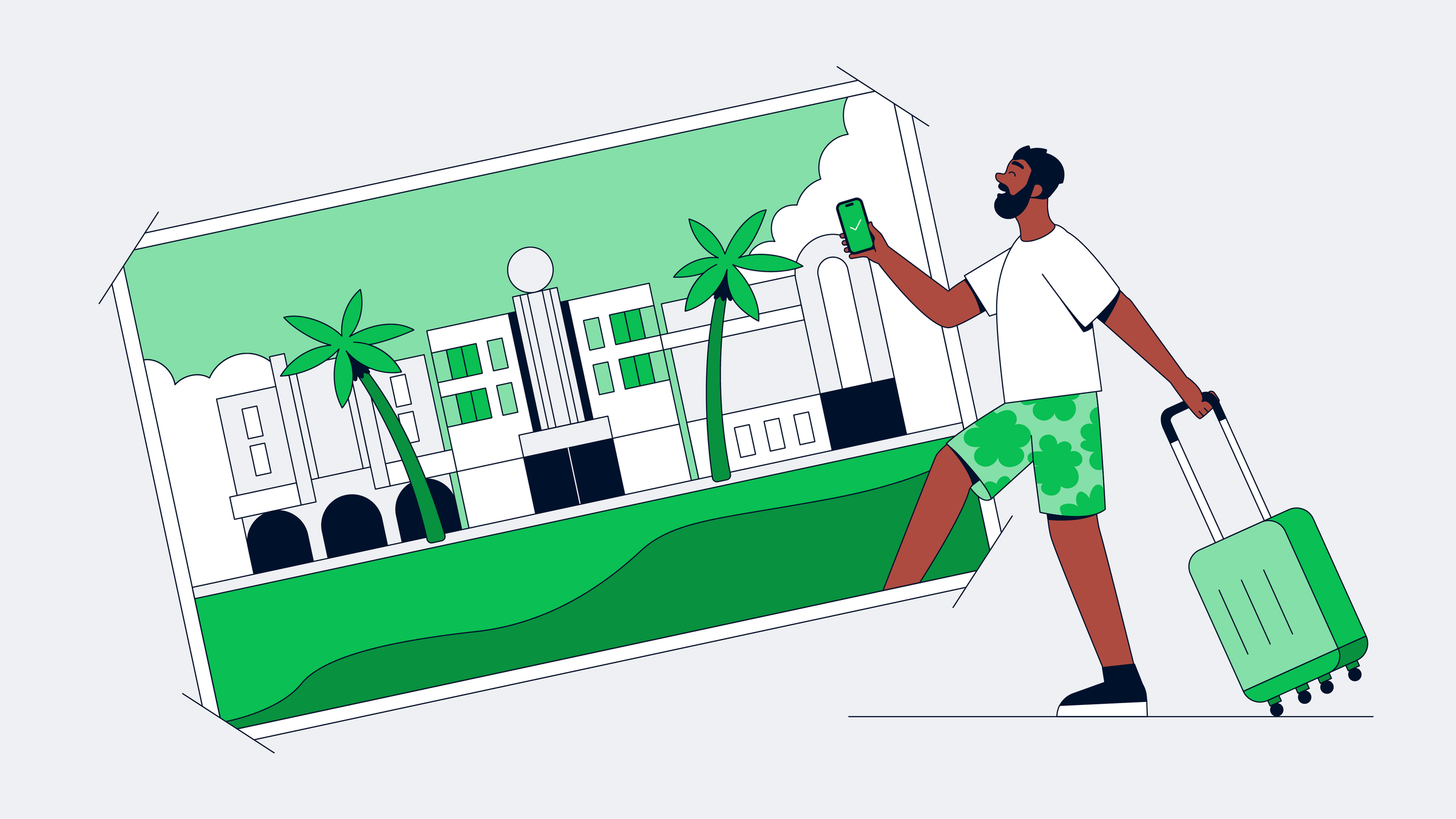 Homme avec une valise utilisant un smartphone avec un paysage urbain et des palmiers en arrière-plan.