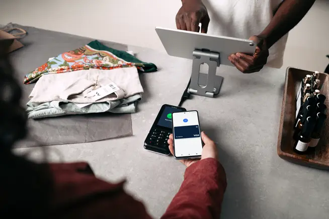 Phone payment with Visa on P630 terminal in retail clothing setting