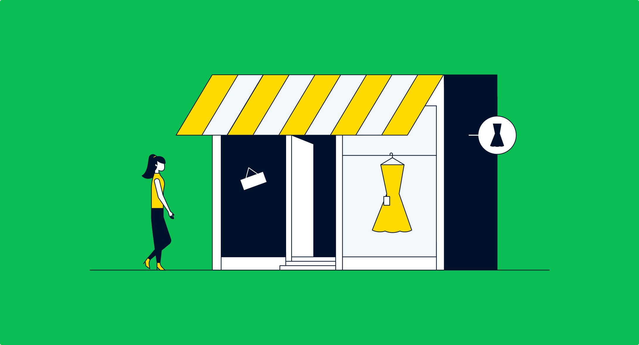 Ilustração de uma pessoa passando por uma loja de roupas estilizada com um vestido em exposição.