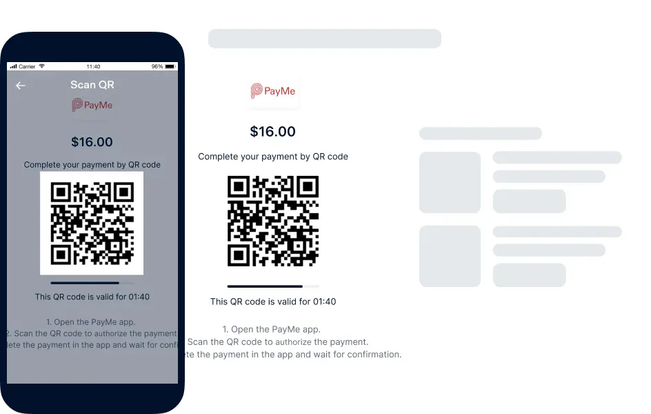 Mobile Bildschirm mit PayMe QR-Code-Zahlungsschnittstelle mit Transaktionsbetrag $16,00.