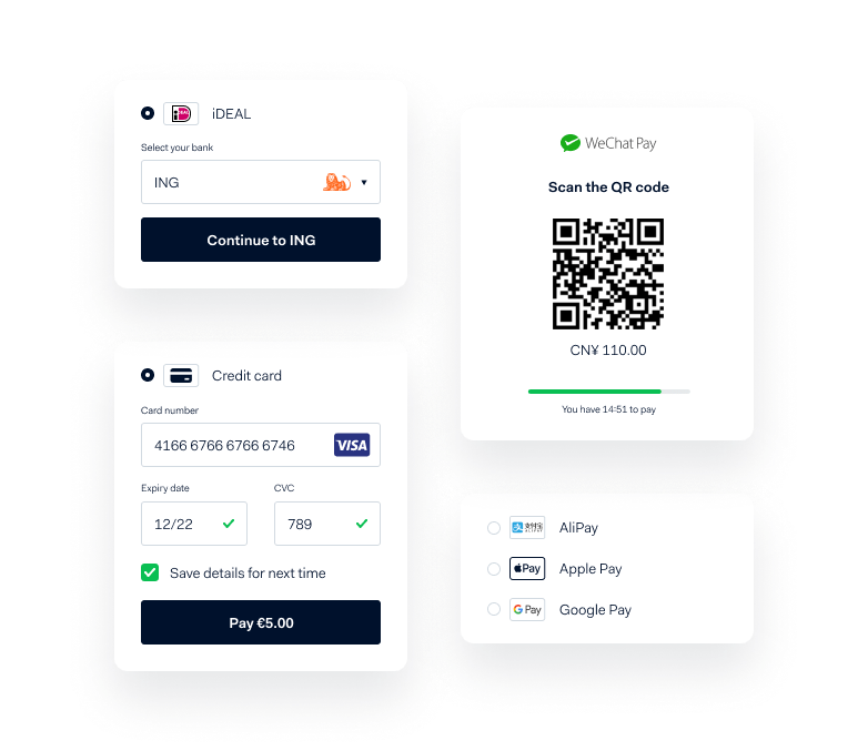 Adyen Zahlungsoptionen-Schnittstelle mit iDEAL, Kreditkarte, WeChat Pay, AliPay, Apple Pay und Google Pay