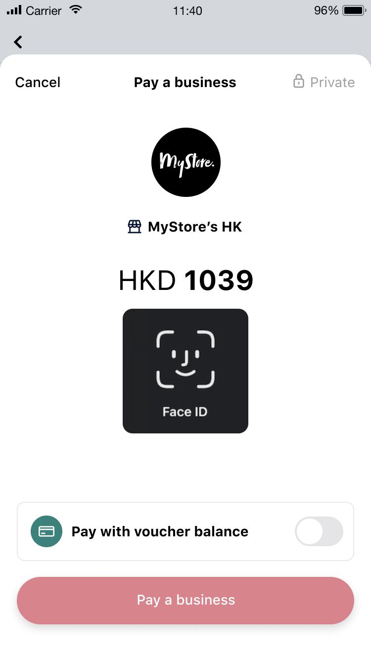 Mobile payment screen showing Face ID authentication for a payment of 1039 HKD to MyStore's HK.