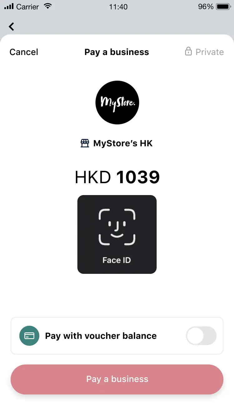 Mobile payment screen showing Face ID authentication for a payment of 1039 HKD to MyStore's HK.