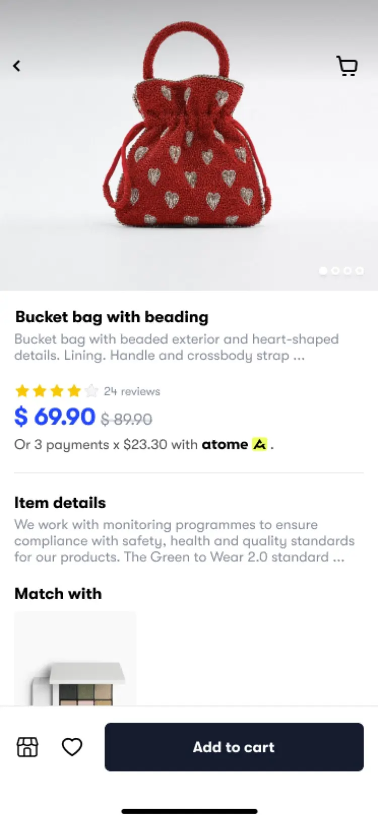 Red bucket bag with beaded exterior and heart-shaped details on online store page.