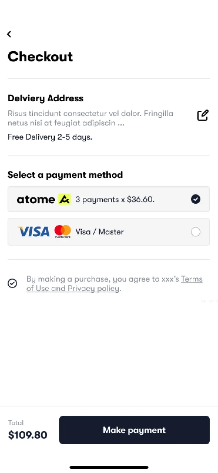 Mobile checkout screen showing delivery address, payment methods including Atome and Visa, and total amount with payment confirmation button.