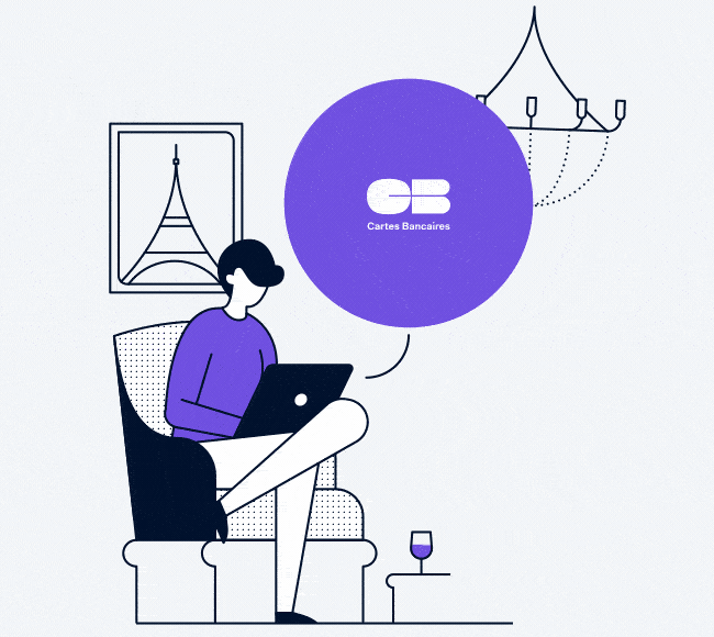 Illustration of a person with a laptop and a Cartes Bancaires bubble.