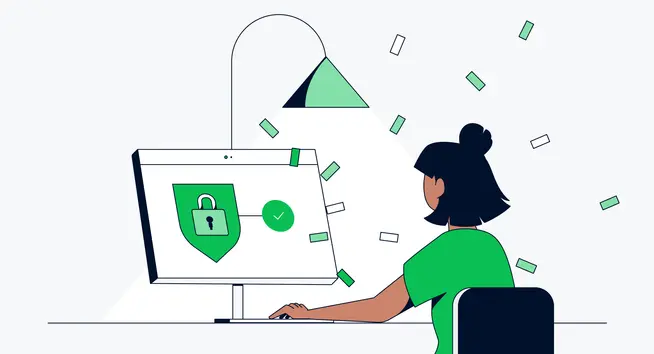 Illustration d'une personne utilisant un système de paiement sécurisé Adyen sur un ordinateur avec des symboles d'argent autour.