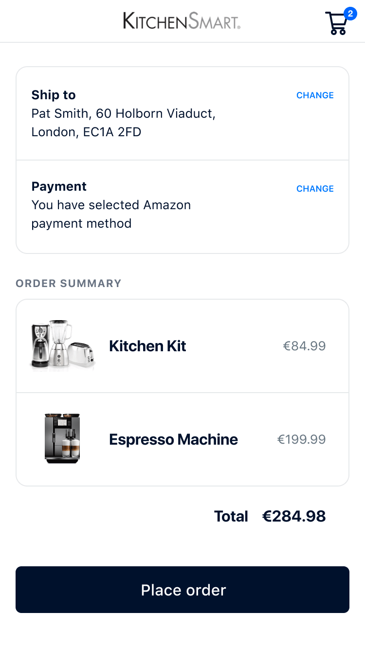Checkout screen with shipping address, selected Amazon payment method, and order summary including Kitchen Kit and Espresso Machine with prices.