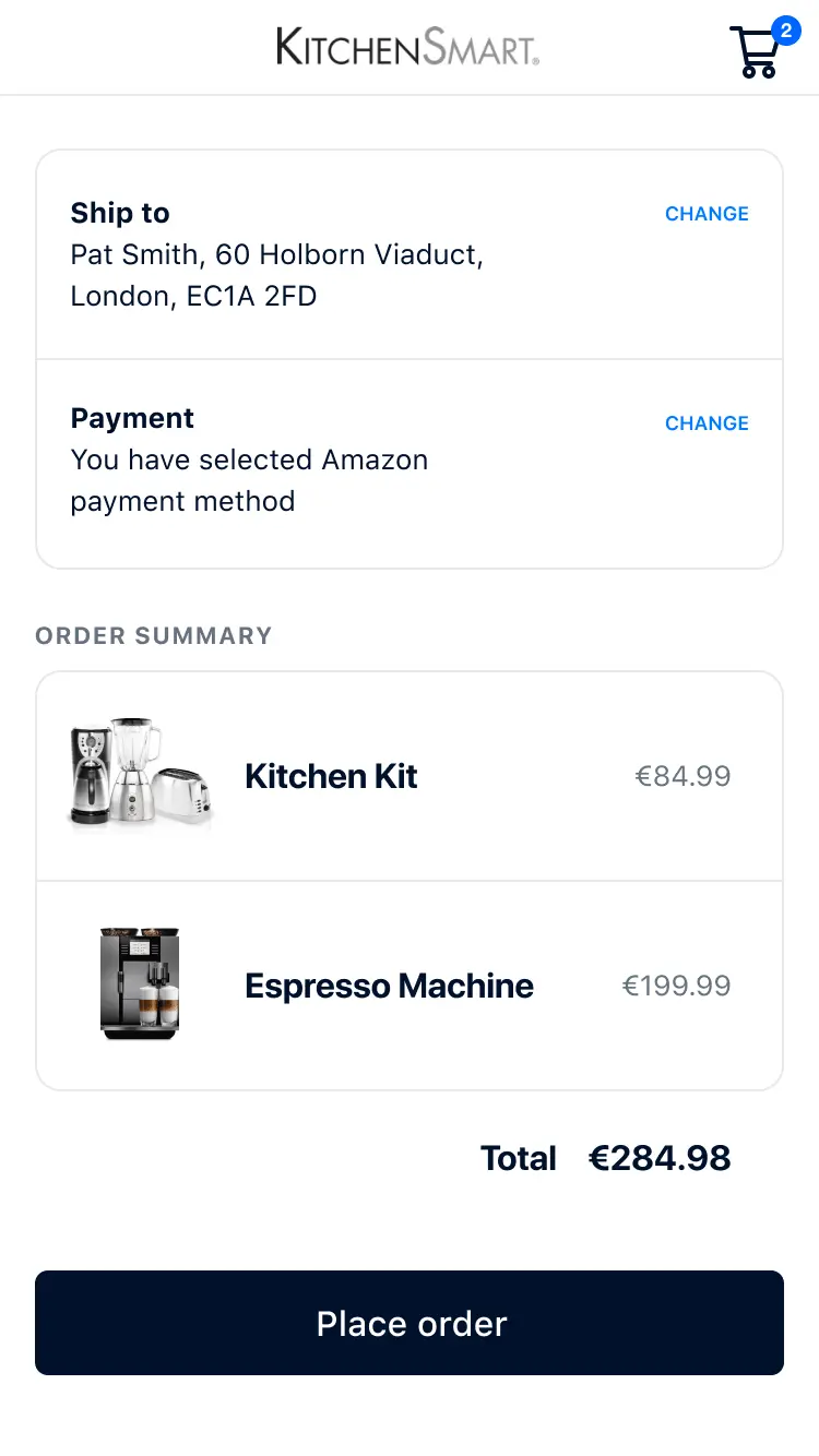 Checkout screen with shipping address, selected Amazon payment method, and order summary including Kitchen Kit and Espresso Machine with prices