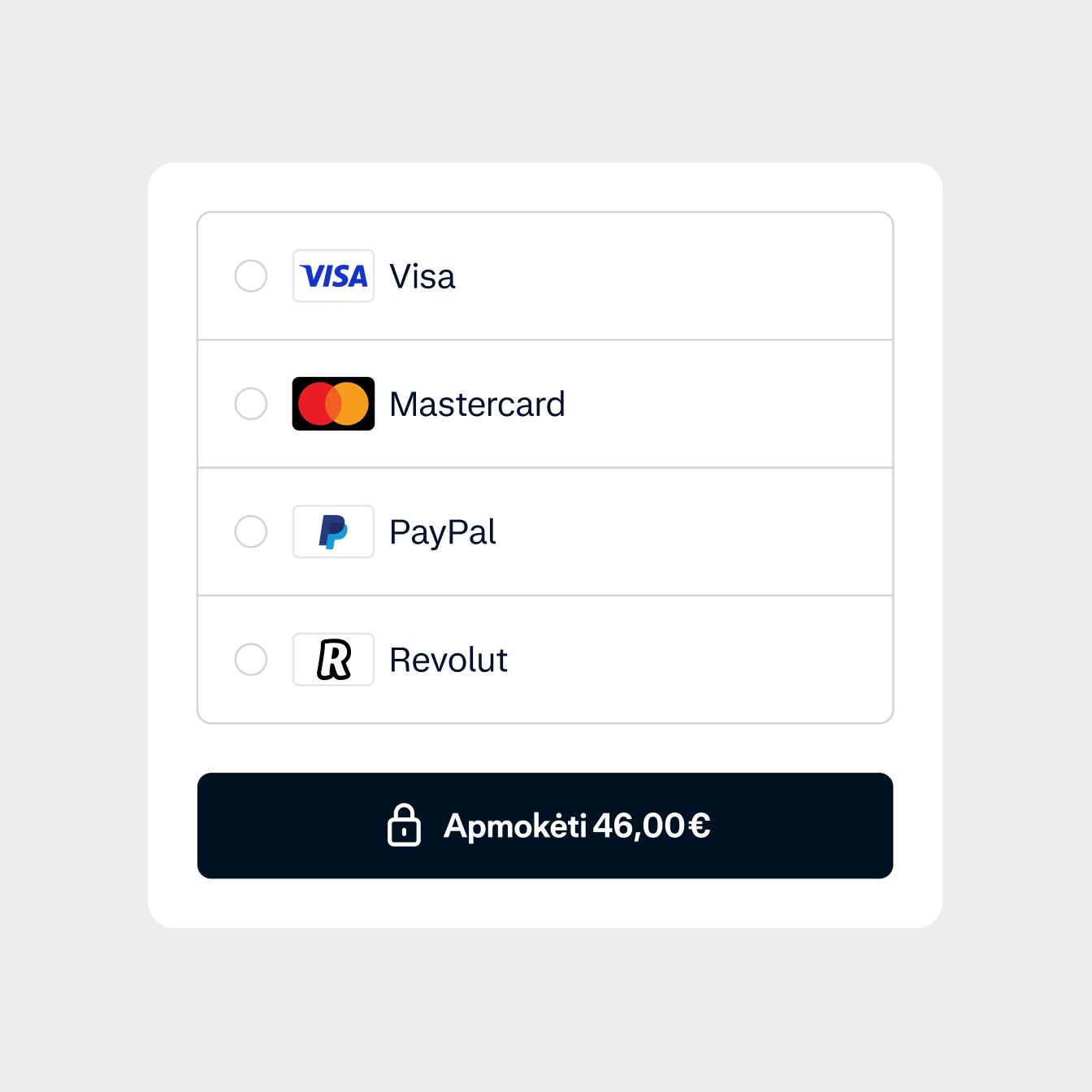 Checkout screen with local payment method options