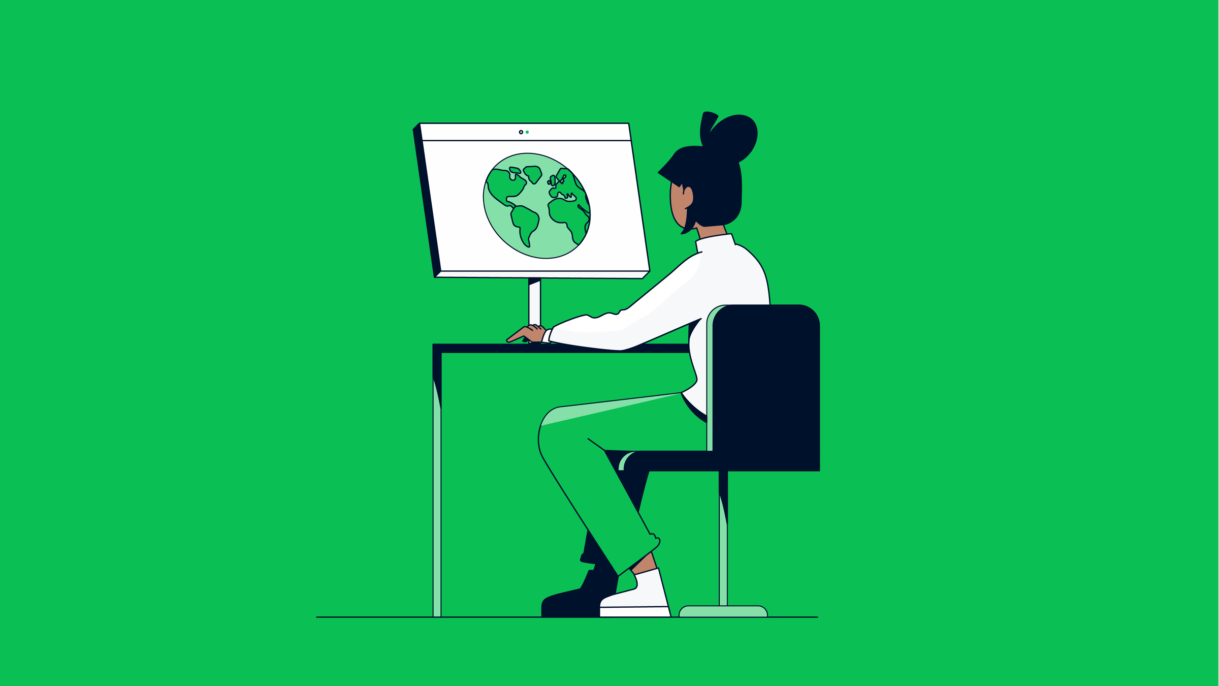 Ilustração de uma pessoa trabalhando em um computador com um mapa do mundo na tela.