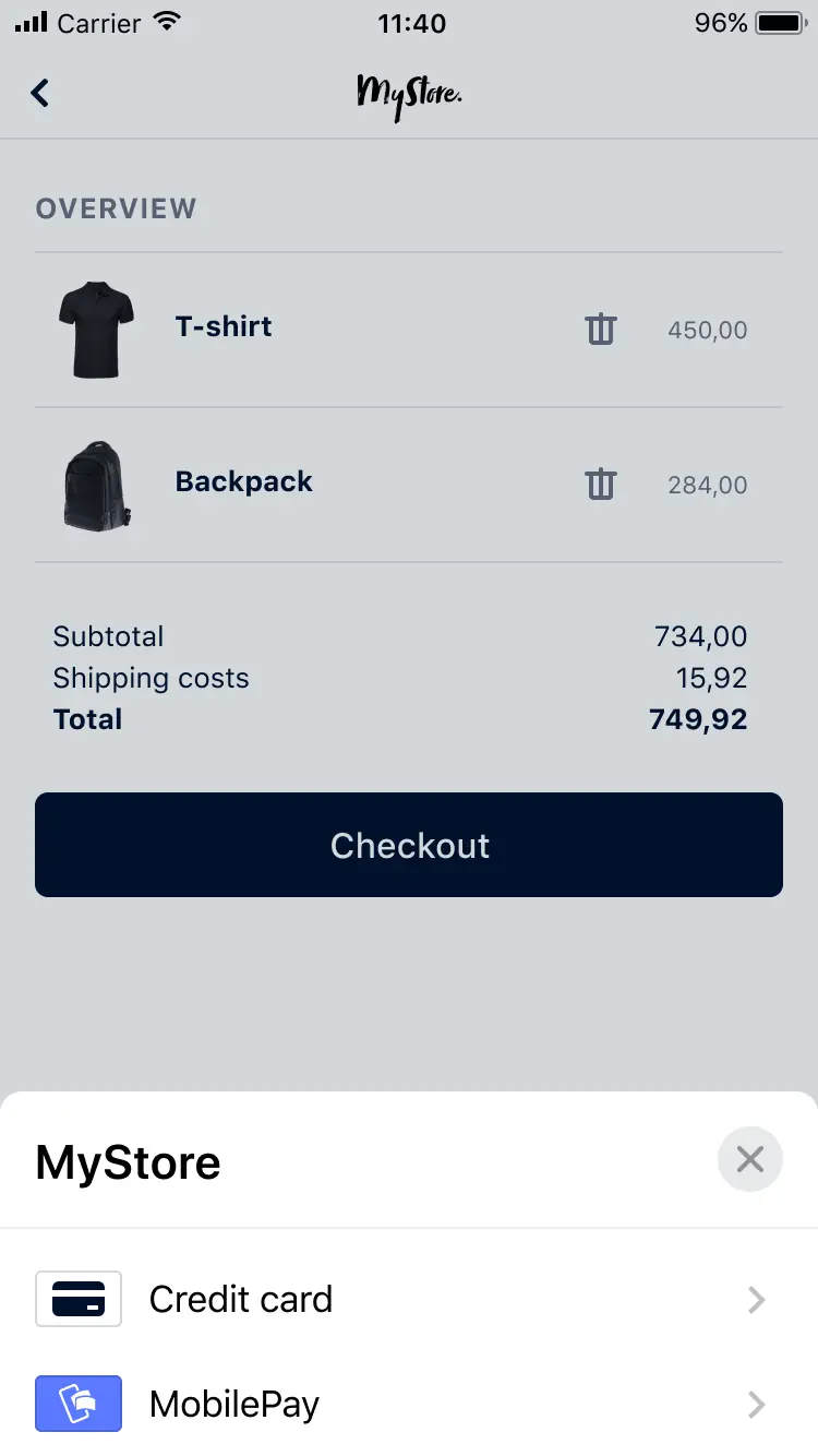 Mobile store interface showing items in cart with subtotal and checkout button displayed.