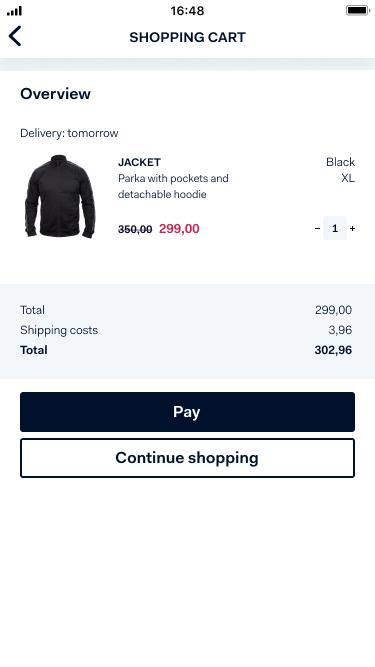 Screenshot of a mobile shopping cart interface with an item ready for checkout.