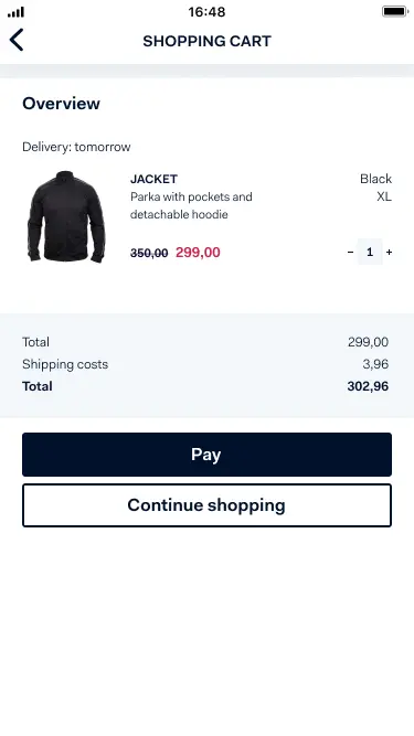 Screenshot of a mobile shopping cart interface with an item ready for checkout.
