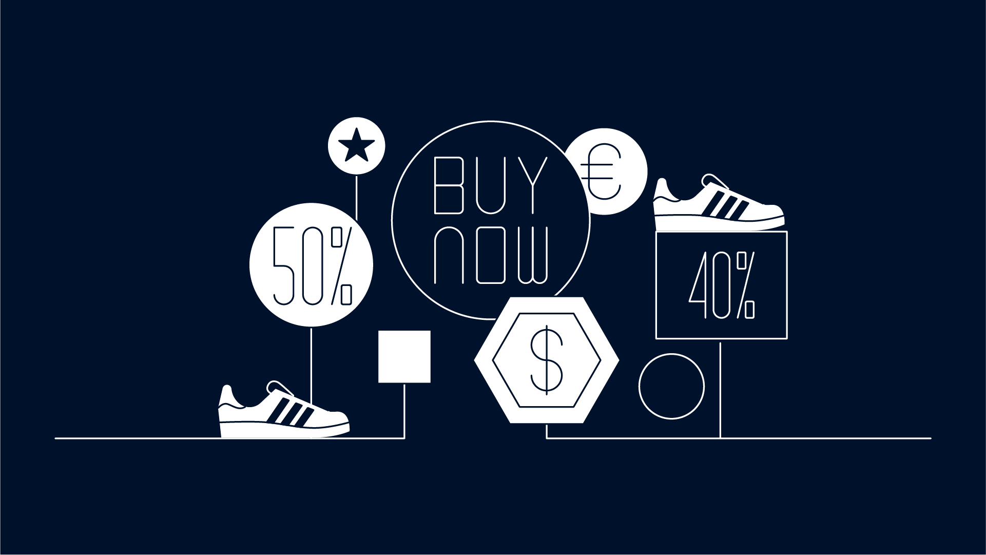 Gráficos estilizados relacionados ao comércio eletrônico mostrando um botão 'Comprar agora', descontos, símbolos de moeda e um sapato