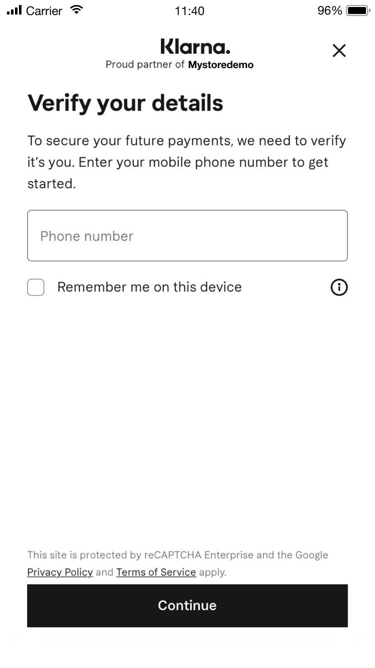 Klarna mobile verification screen with phone number input field and continue button.