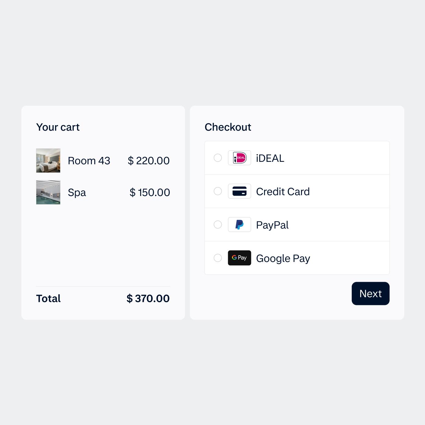 ui screen checkout with several payment methods