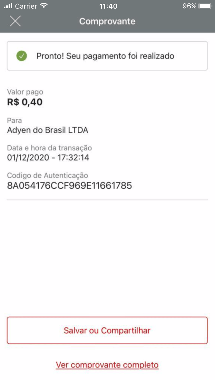 Mobile screen displaying a payment confirmation to Adyen do Brasil LTDA for R$0.40 with options to save or share.