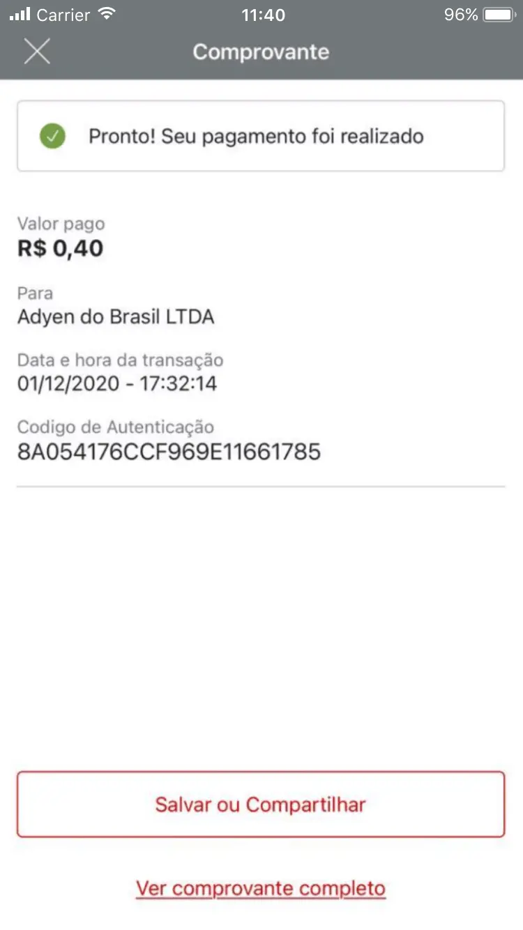 Mobile screen displaying a payment confirmation to Adyen do Brasil LTDA for R$0.40 with options to save or share.