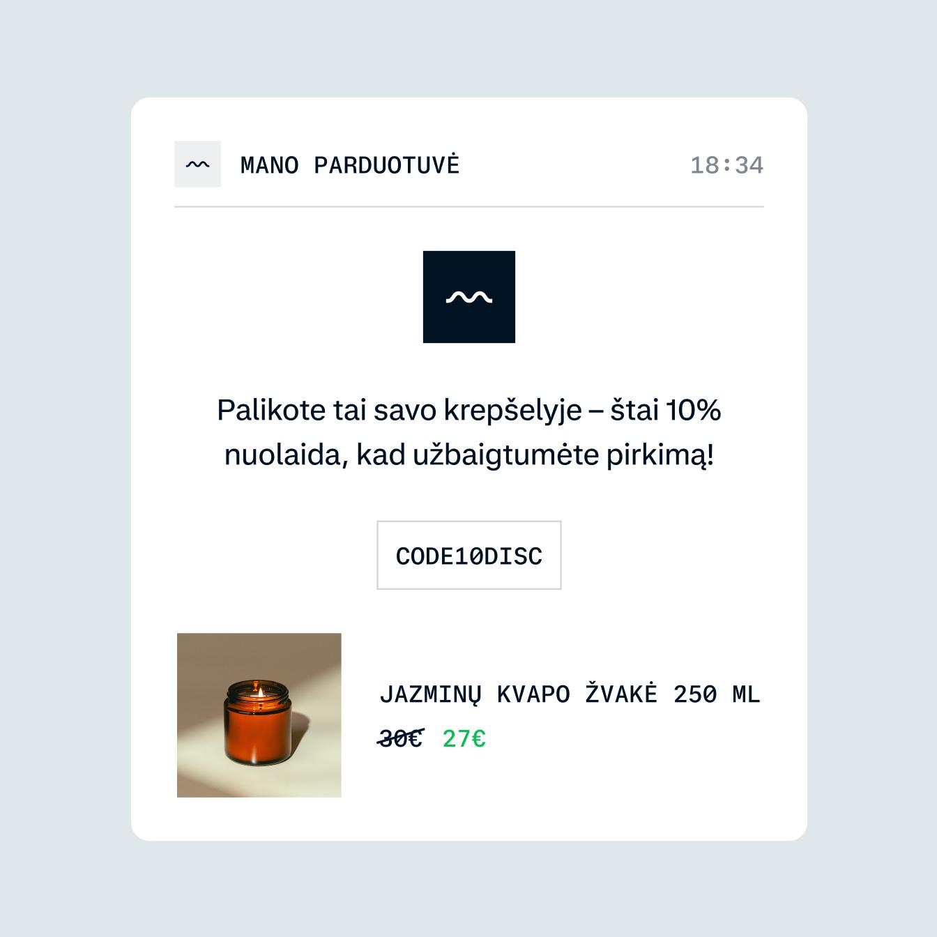An abandoned cart pop up, encouraging the customer to complete the sale with a discount code.