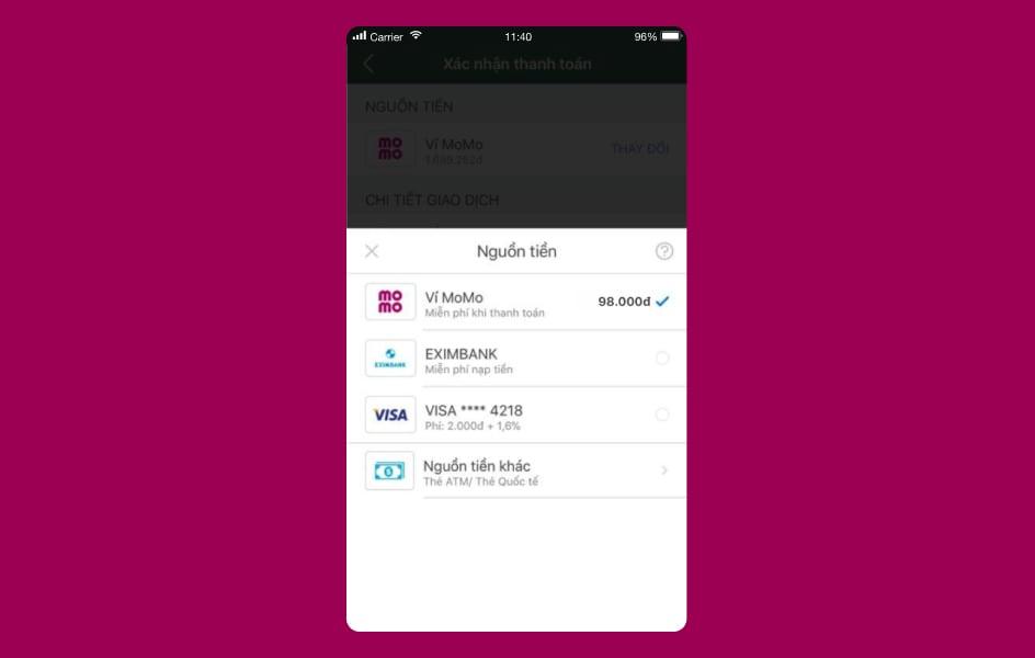 Smartphone screen displaying a payment interface with various payment methods.