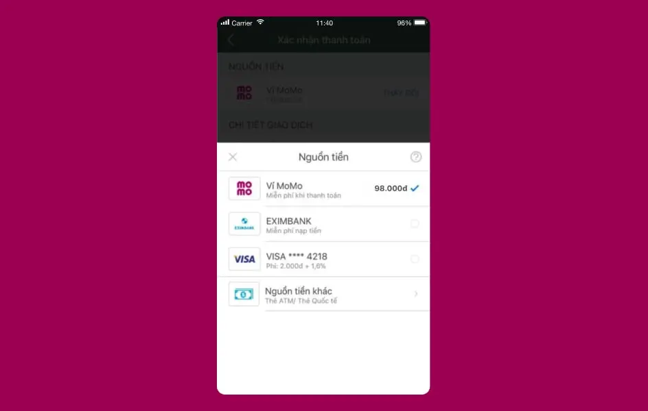 Smartphone screen displaying a payment interface with various payment methods.