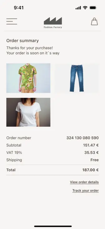 Mobile screen showing Fashion Factory order summary with two clothing items and pricing details.