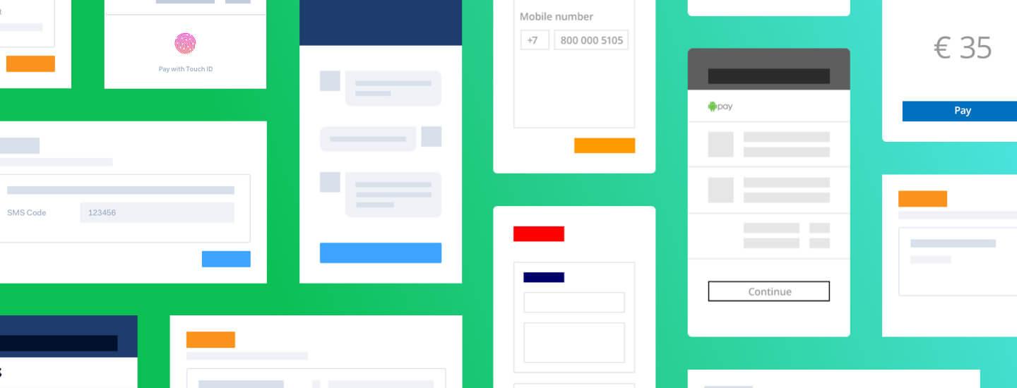 Vários exemplos de interfaces de pagamento móvel que destacam as soluções de pagamento da Adyen