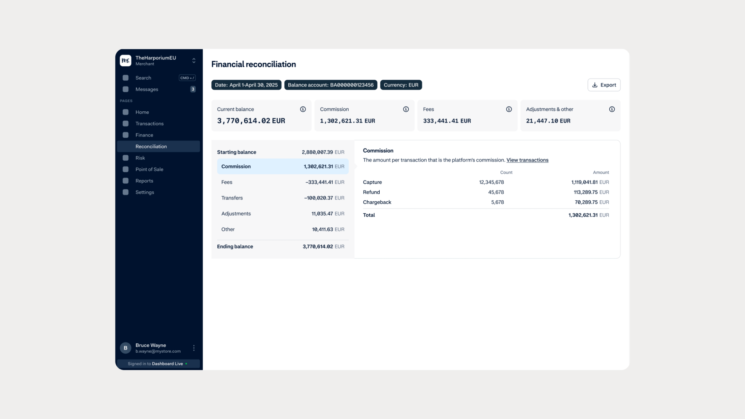 Financial reconciliation screen showing transaction details in a business platform interface