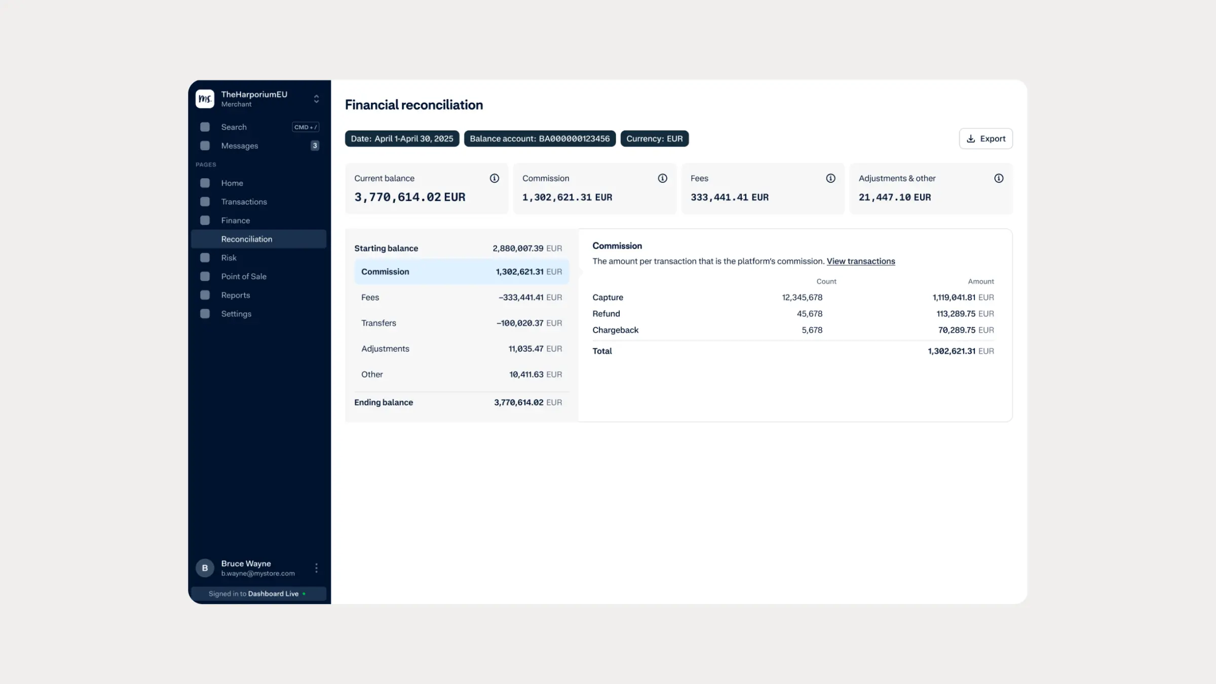 Financial reconciliation screen showing transaction details in a business platform interface