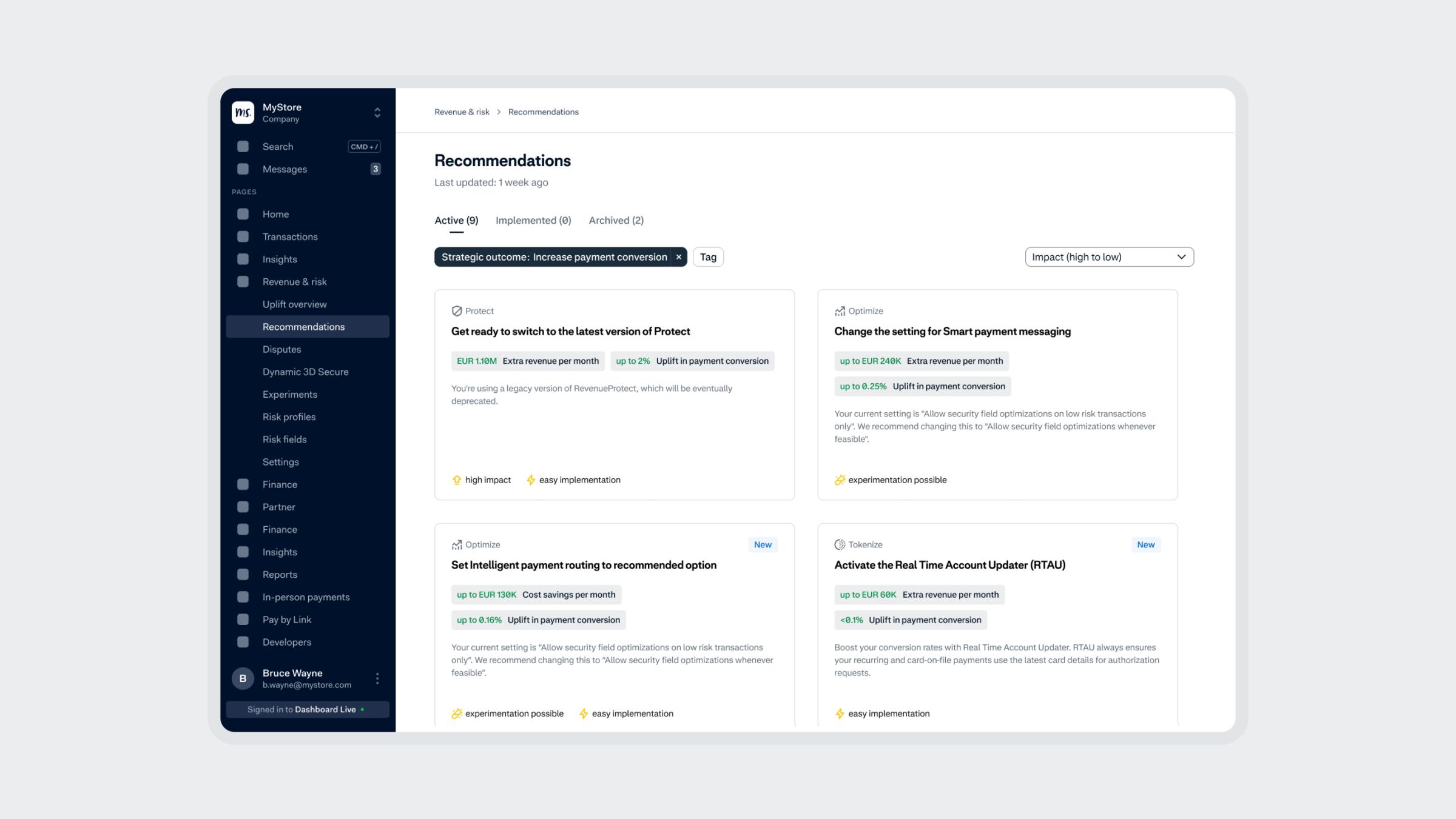 Screenshot of an Adyen dashboard showing recommendations and payment management options.