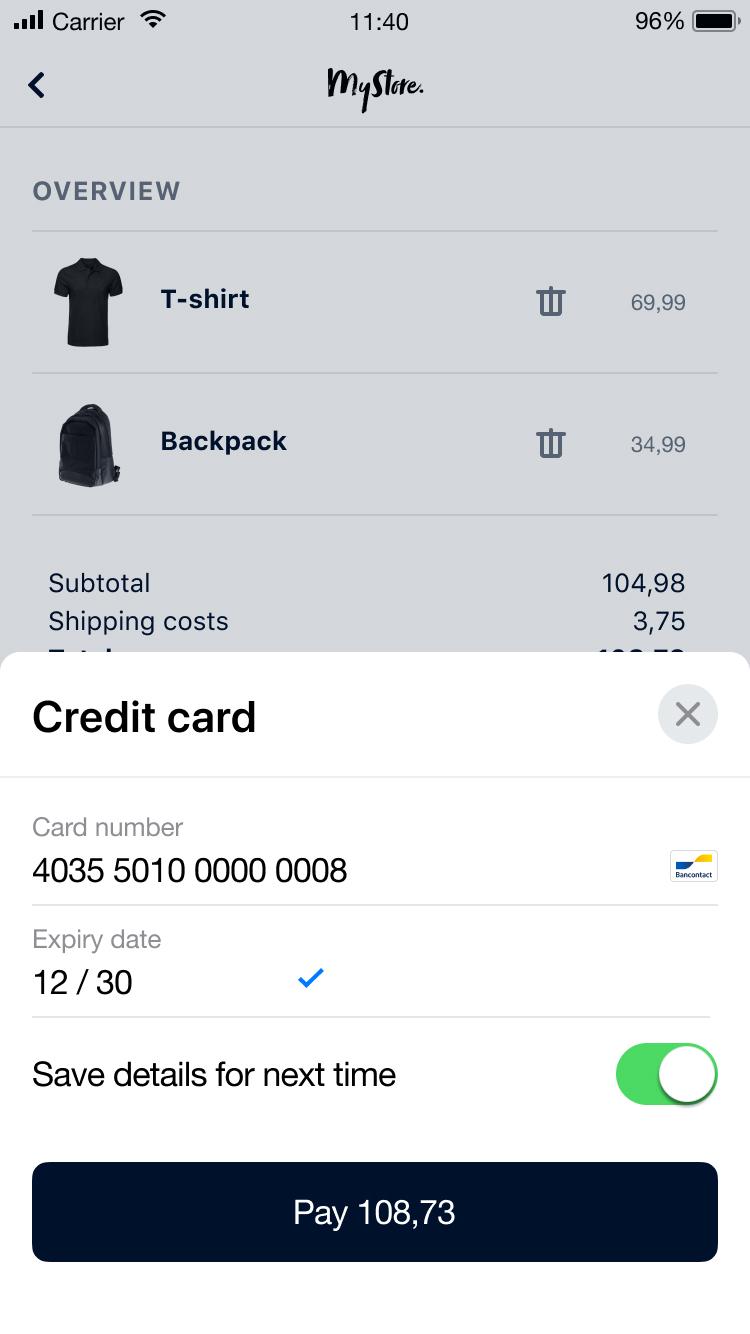 Mobile checkout screen showing a T-shirt and backpack with prices and a credit card payment option.