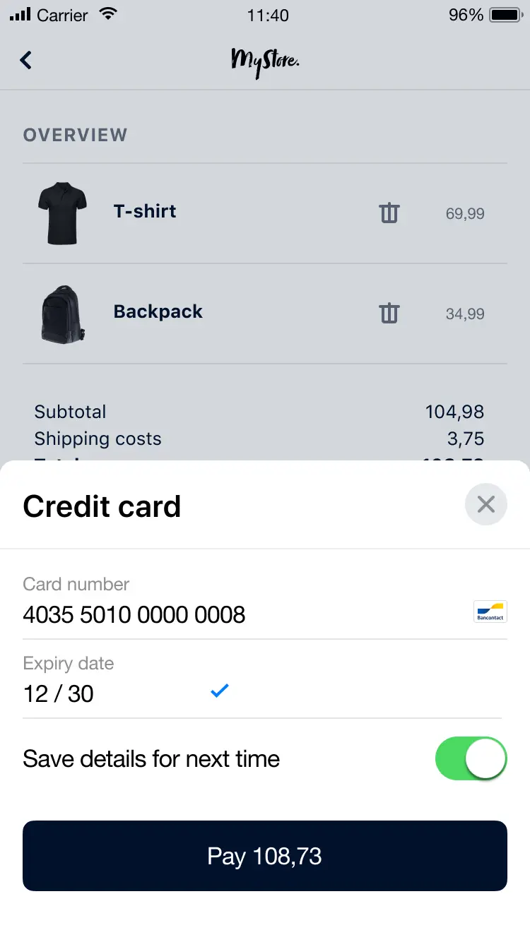 Mobile checkout screen showing a T-shirt and backpack with prices and a credit card payment option.