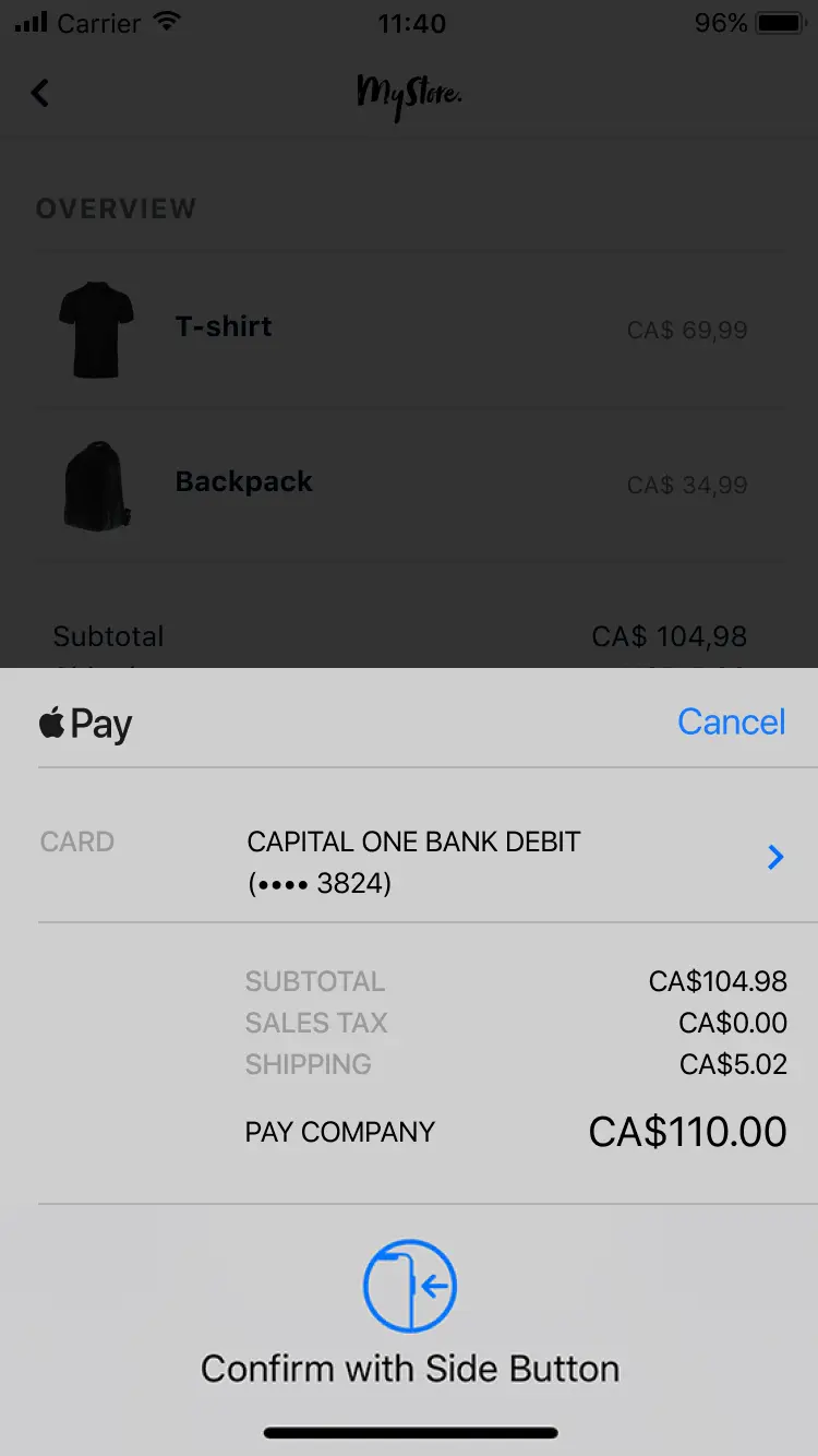 Mobile payment screen showing a summary of items purchased, total amount, and confirmation prompt.