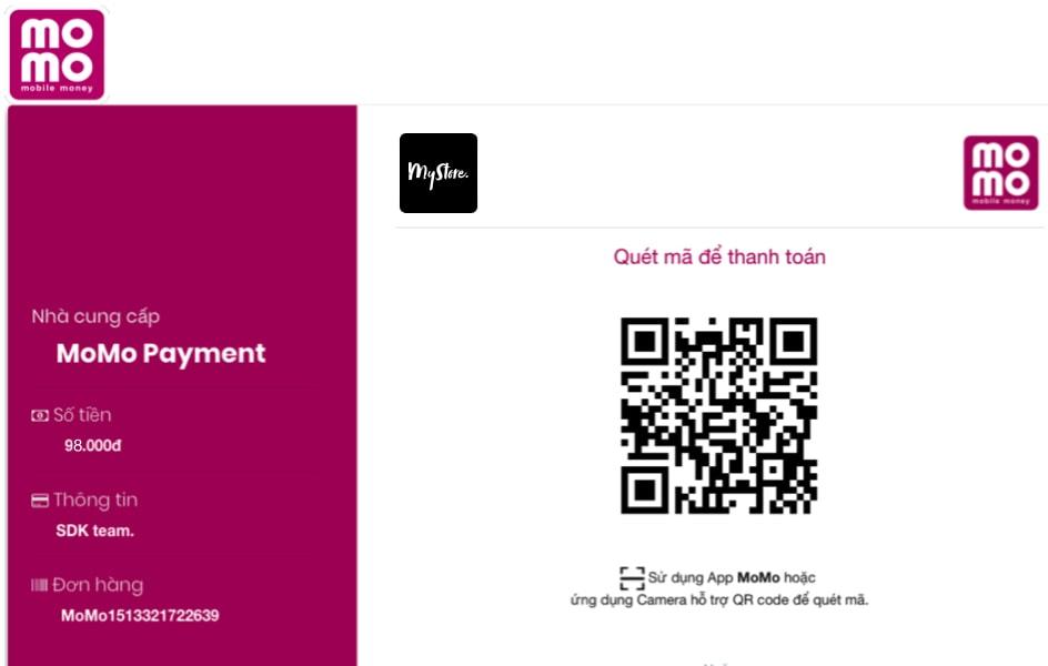 MoMo mobile money payment screen with QR code for transaction.