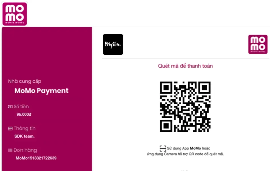 MoMo mobile money payment screen with QR code for transaction.