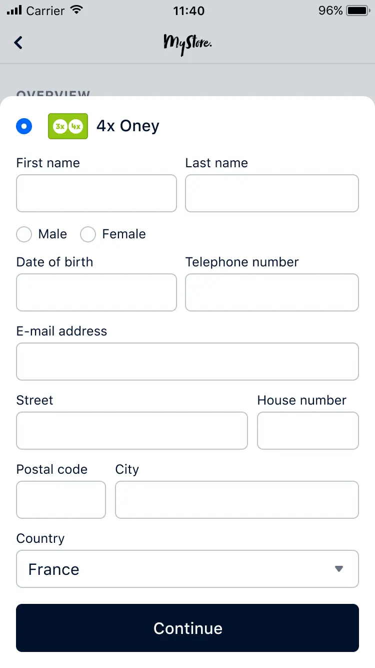 Mobile screen showing Adyen's 4x Oney payment method selection with customer information form.