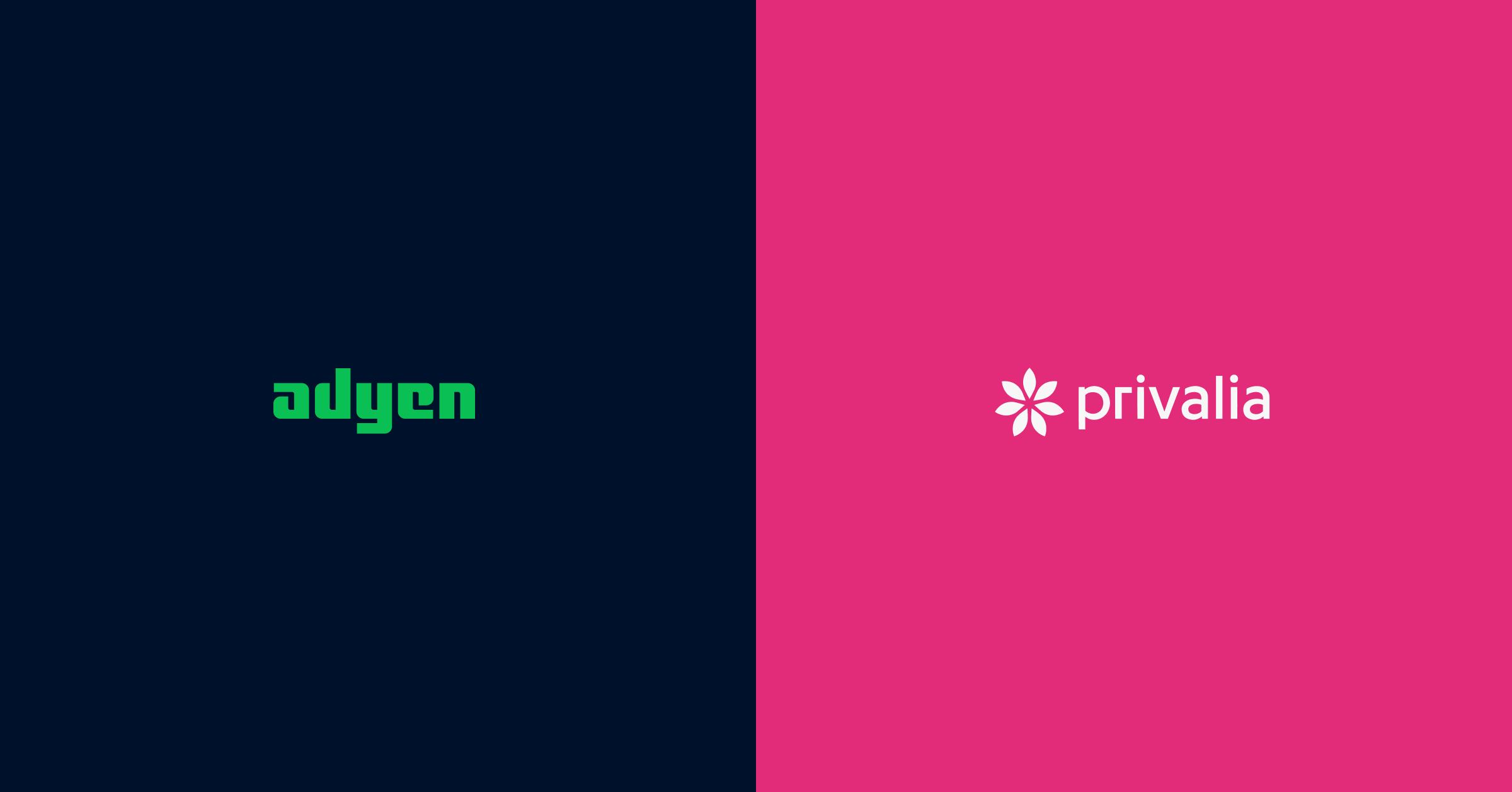 Gráfico dividido com o logotipo da Adyen em fundo azul escuro e logotipo da Privalia em fundo rosa claro