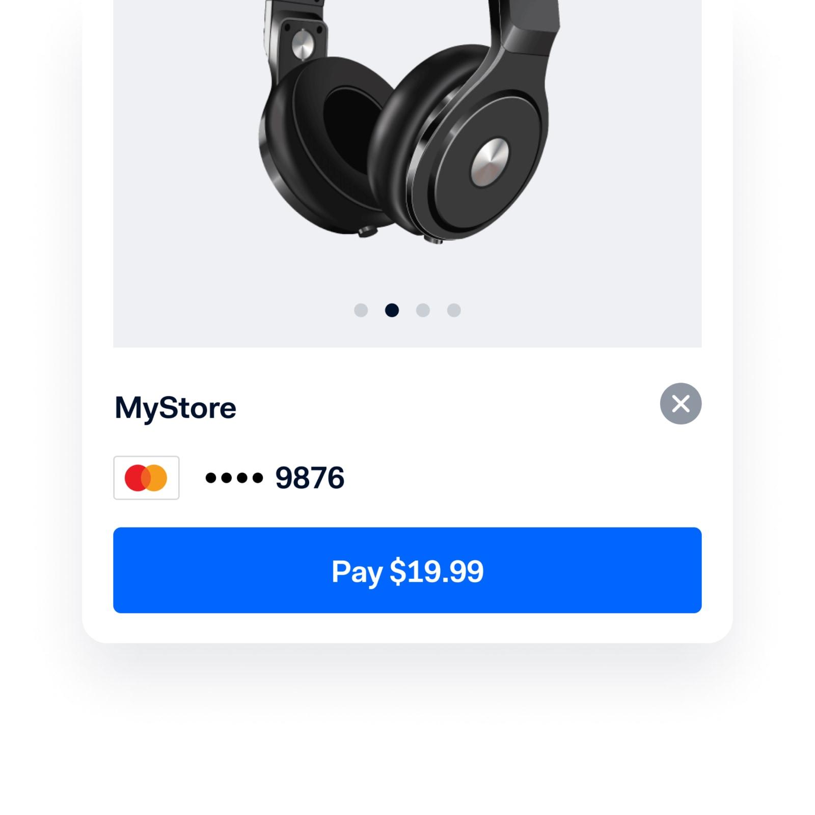 Cuffie visualizzate con un'interfaccia di pagamento Adyen, che mostra il metodo di pagamento e il prezzo.