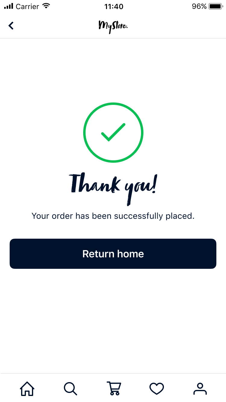 Confirmation screen showing a successful order placement with a green checkmark and 'Return home' button.