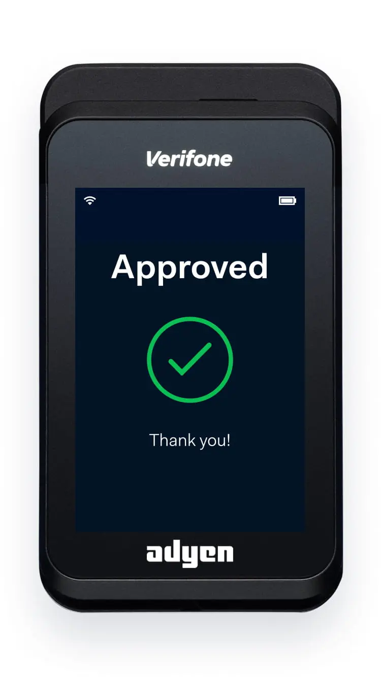 Adyen payment terminal displaying an 'Approved' message with a green checkmark.