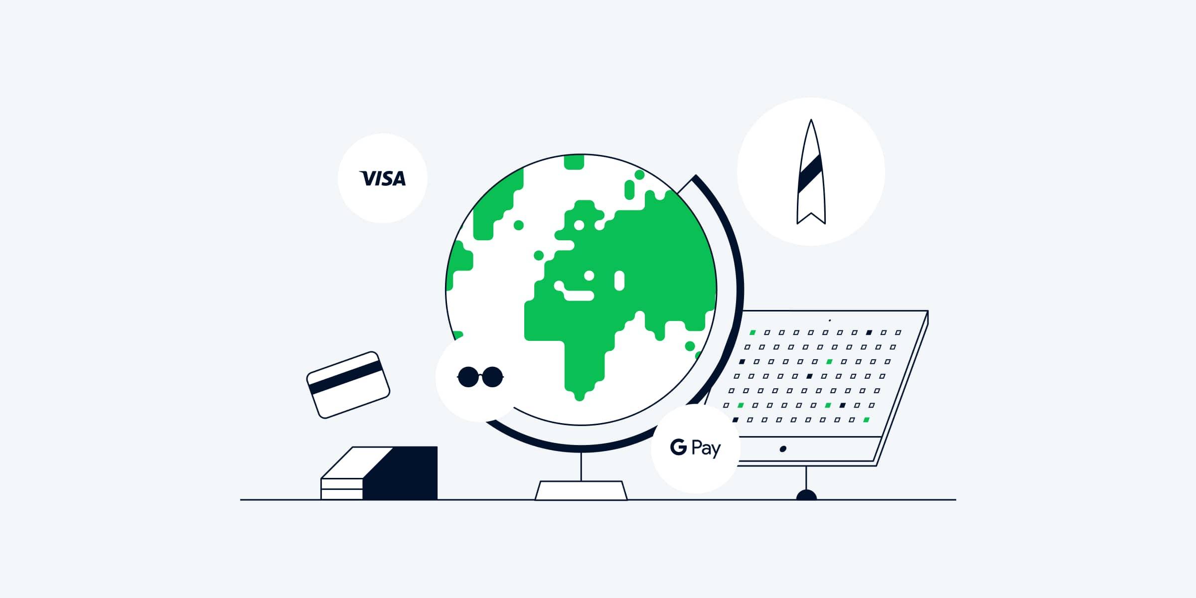 Stylized global electronic payment system with credit cards, Visa, G Pay, and a keyboard.