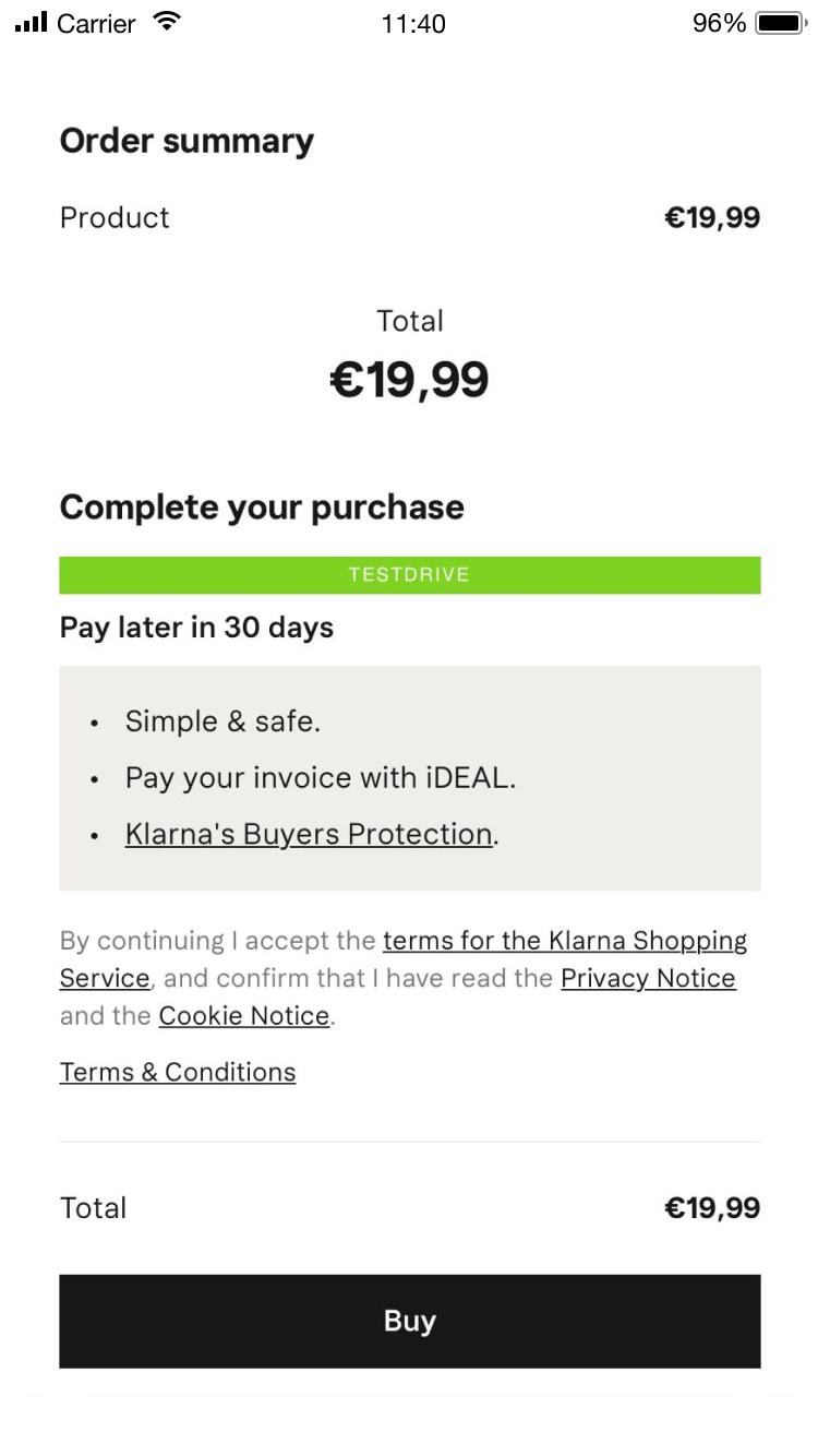 Mobile screen showing an order summary with a total of €19.99 and a 'Pay later in 30 days' option.