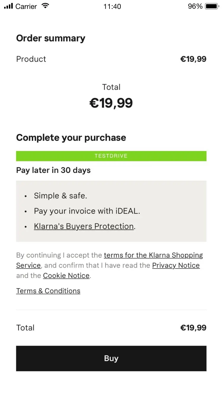 Pantalla móvil que muestra un resumen de pedido con un total de $19.99 y una opción de 'Pagar más tarde en 30 días'.