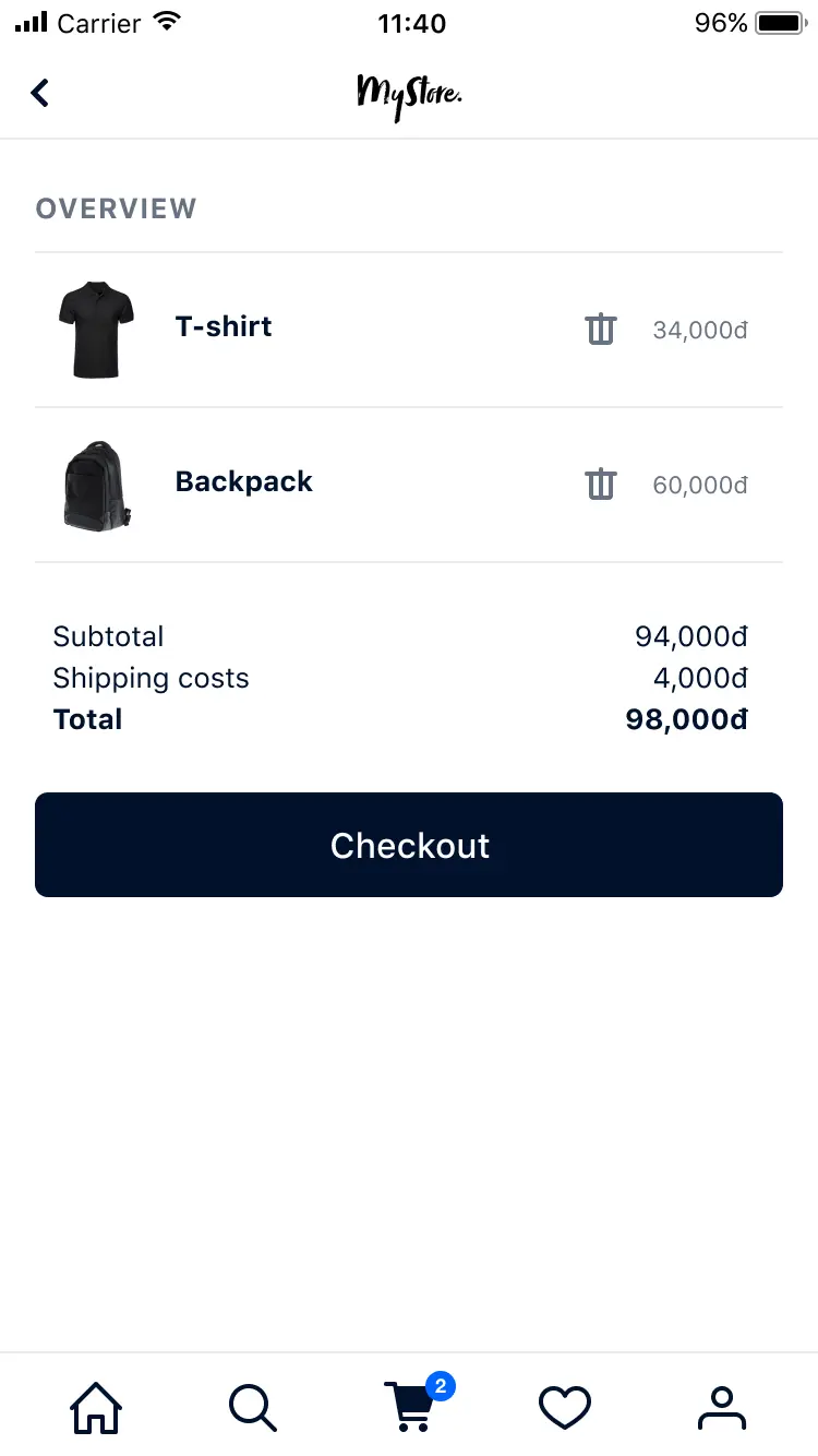 Mobile screen showing a checkout page with items listed, subtotal, shipping costs, and a checkout button.